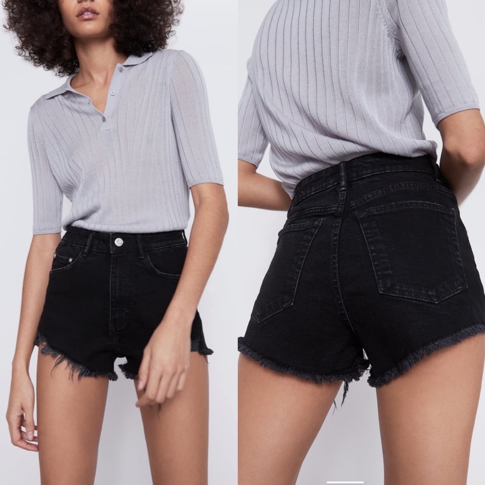 Sold ZARA Black High Rise Frayed Hem Denim Shorts - Picture 2 of 11
